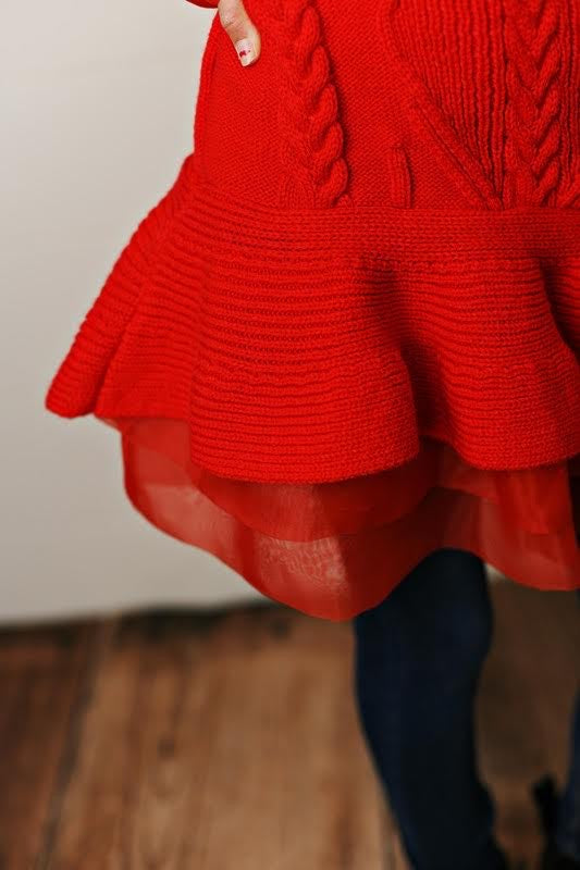 Absolutely adorable red cable knit and sheer skirted tunic sweater dress.