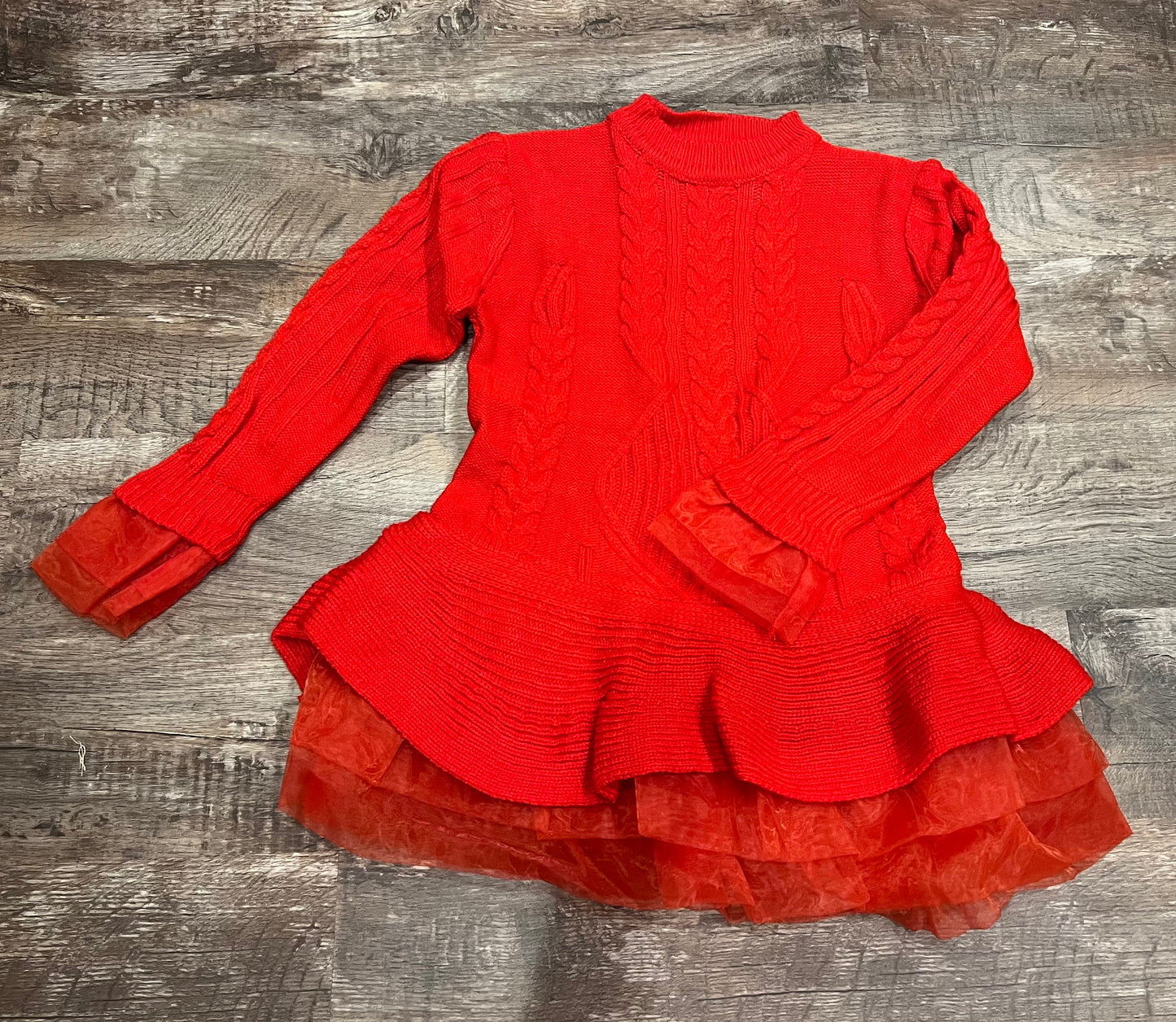 Absolutely adorable red cable knit and sheer skirted tunic sweater dress.
